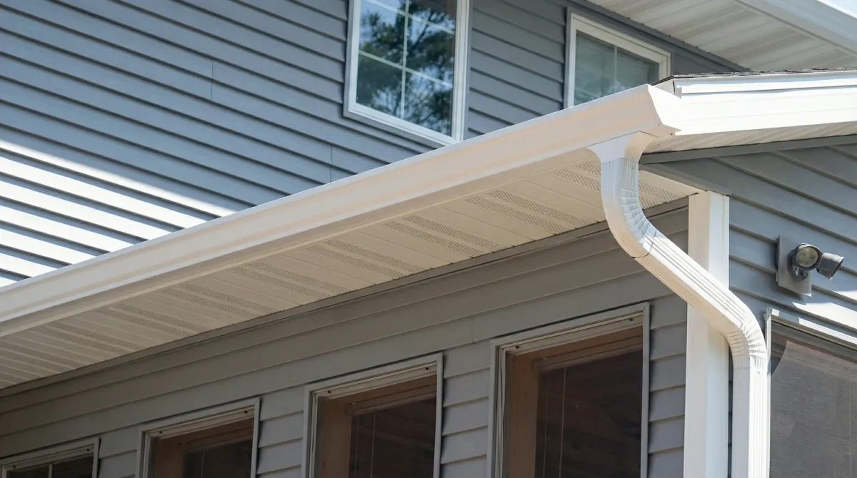 Professional home remodeling project showing newly installed white seamless gutters and downspouts on a house with gray siding in Houston, TX