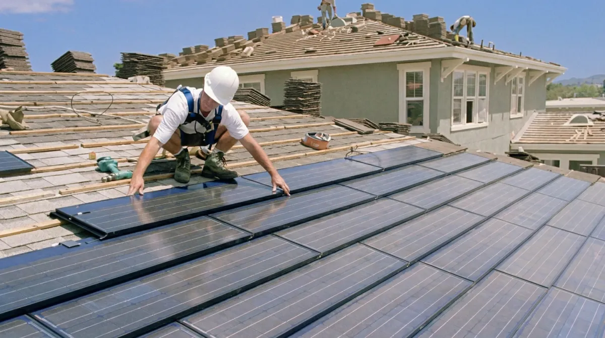 Roof replacement expert installing modern solar shingles on a residential home in Houston, TX