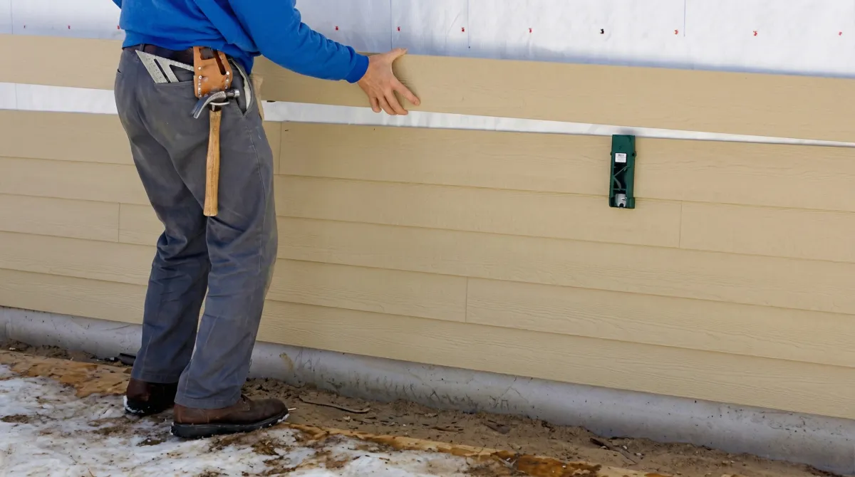 Siding replacement expert carefully aligning a new tan siding panel onto a residential exterior wall in Houston, TX