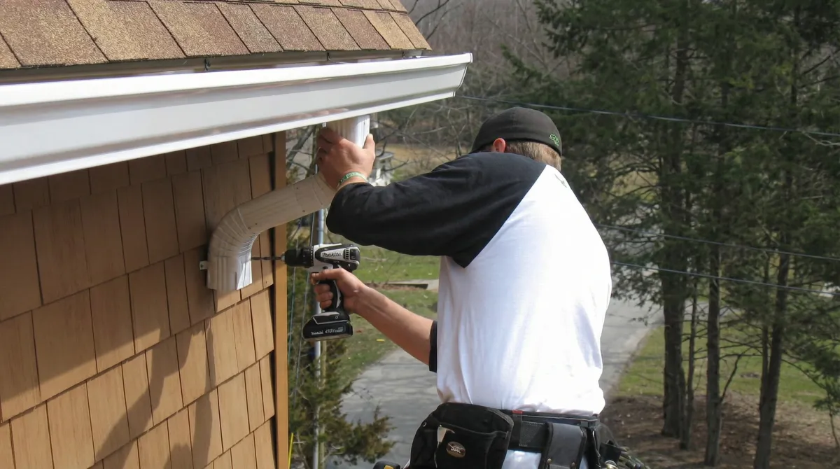 Professional contractor installing tan vinyl siding panels on a residential home exterior in Houston, TX
