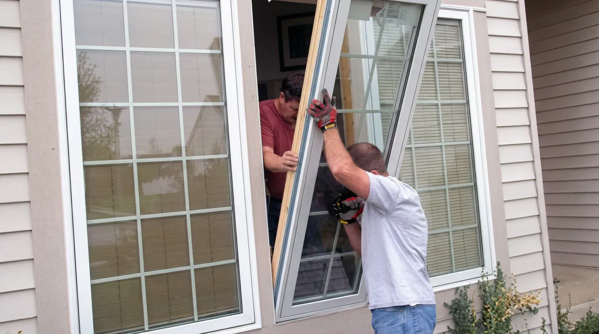 Professional home remodeling team installing a large replacement window on a house with tan siding in Houston, TX